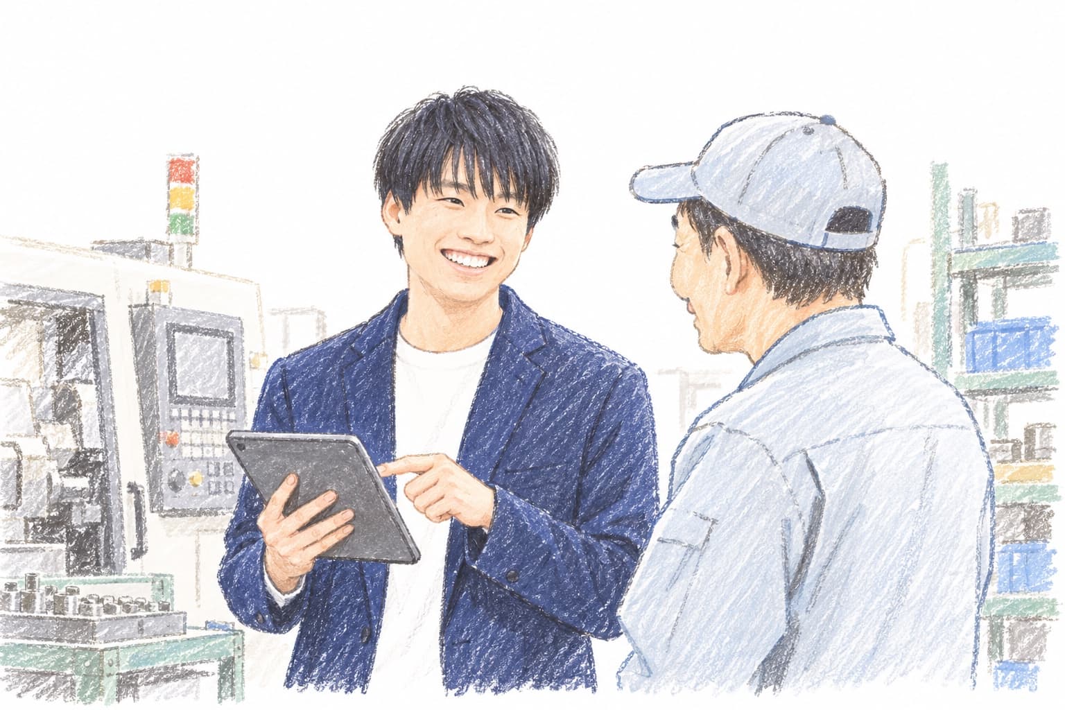 現場でお客様と並んで課題に向き合う代表・油谷のイラスト