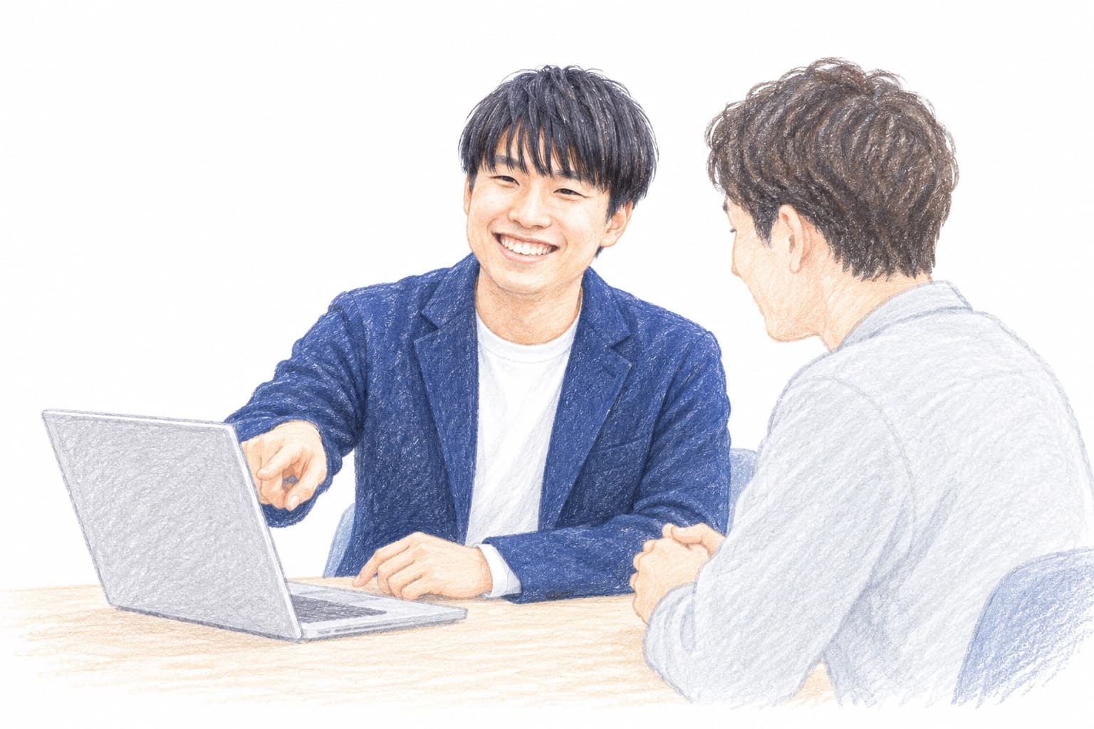お客様と一緒に画面を見ながら考える代表・油谷のイラスト